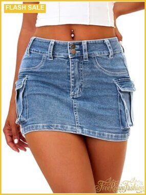 Low Rise Denim Mini Skirt High Stretch Cotton Blend Flap Pockets Y2K Style